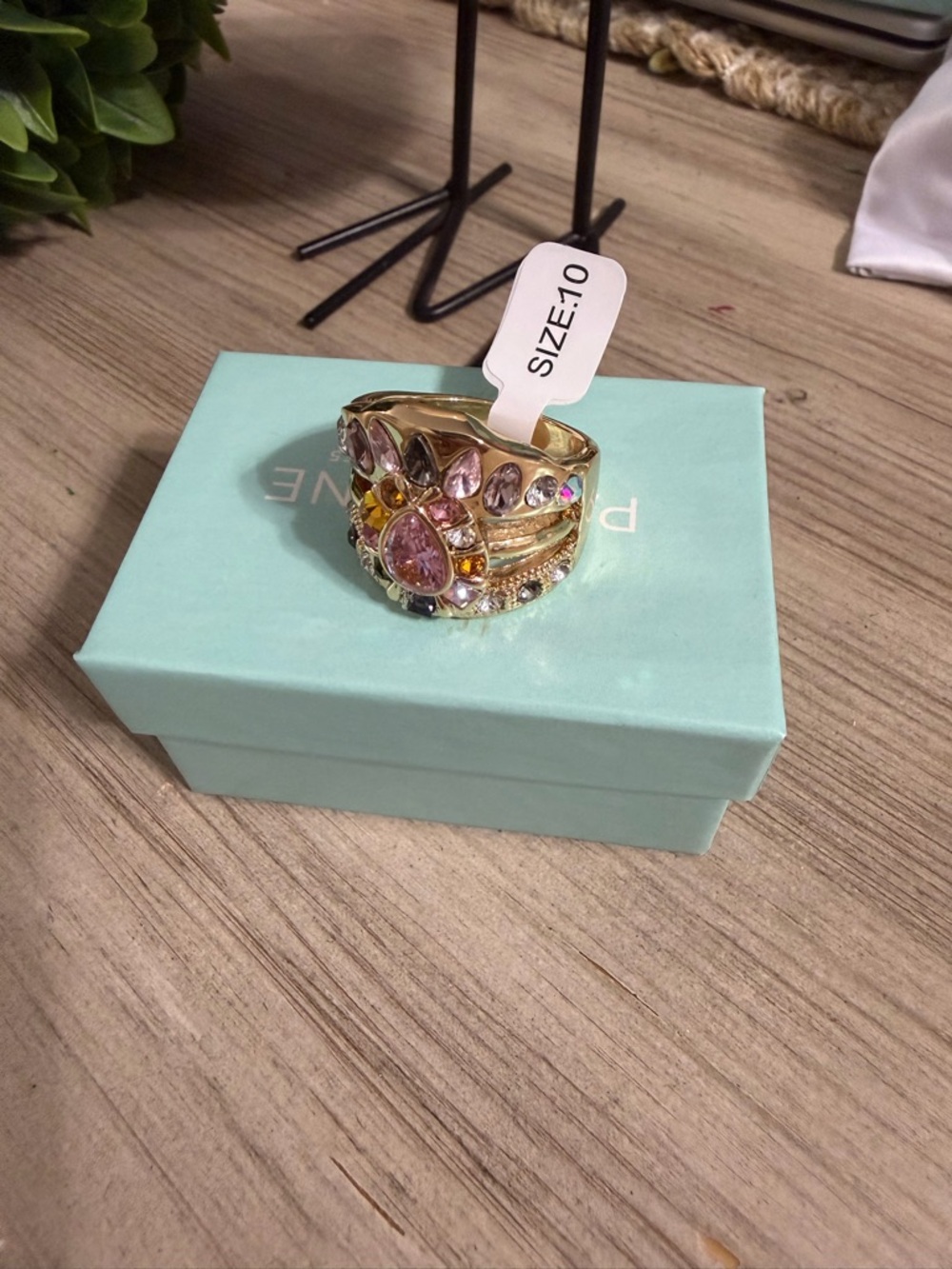 Park Lane Gold Multi-Stone Floral Stackable Ring with Pink and Amber Accents
